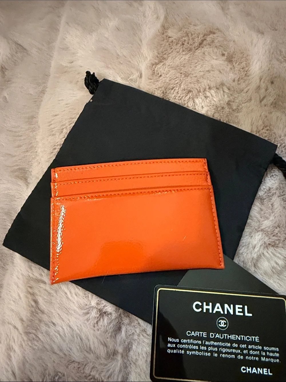 Pristine CHANEL Orange Patent Leather Card Case with Embossed CC and COA